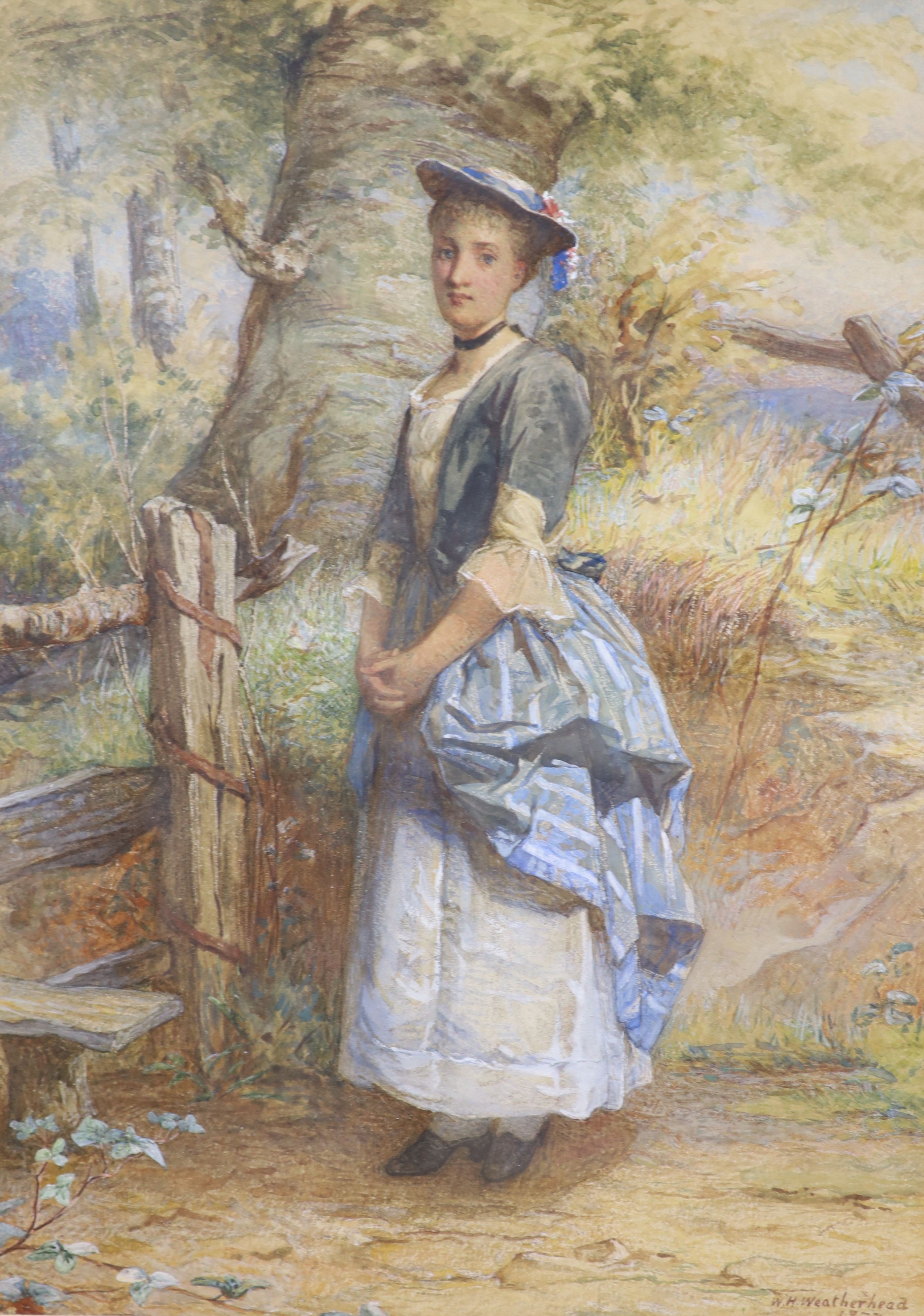 William Harris Weatherhead (1843-1903), watercolour, Young woman beside a stile, signed and dated 1877, 38 x 27cm